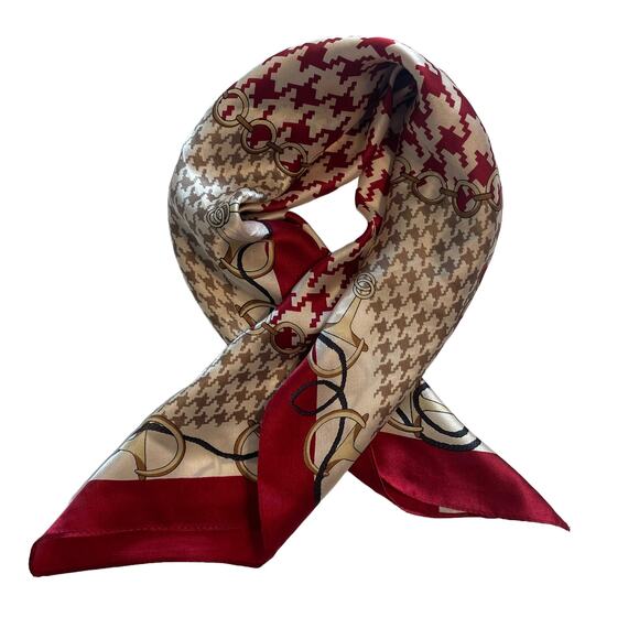Mulberry Silk Square Scarf Womens Red & Tan Houndstooth Bear 21" - Picture 2 of 5